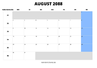 Kalender August 2088 Kalender August 2088 im Querformat
