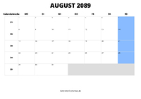 Kalender August 2089 Kalender August 2089 im Querformat