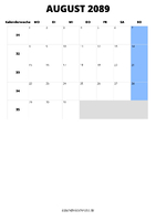 Kalender August 2089 Kalender August 2089 im Hochformat