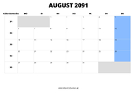 Kalender August 2091 Kalender August 2091 im Querformat