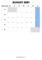 Kalender August 2091 Kalender August 2091 im Hochformat