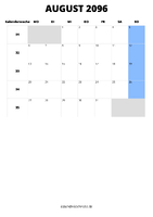 Kalender August 2096 Kalender August 2096 im Hochformat