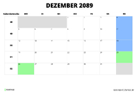 Kalender Dezember 2089 Kalender Dezember 2089 im Querformat