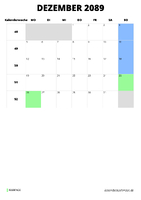 Kalender Dezember 2089 Kalender Dezember 2089 im Hochformat
