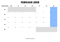 Kalender Februar 2058 Kalender Februar 2058 im Querformat