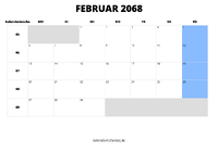 Kalender Februar 2068 Kalender Februar 2068 im Querformat