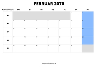 Kalender Februar 2076 Kalender Februar 2076 im Querformat