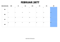 Kalender Februar 2077 Kalender Februar 2077 im Querformat