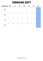Kalender Februar 2077 Kalender Februar 2077 im Hochformat