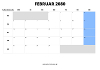 Kalender Februar 2080 Kalender Februar 2080 im Querformat
