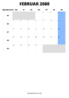 Kalender Februar 2080 Kalender Februar 2080 im Hochformat