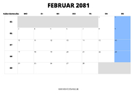 Kalender Februar 2081 Kalender Februar 2081 im Querformat