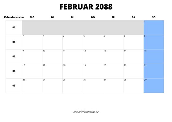 Kalender Februar 2088 Kalender Februar 2088 im Querformat