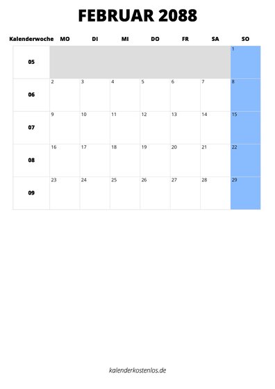 Kalender Februar 2088 Kalender Februar 2088 im Hochformat