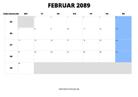 Kalender Februar 2089 Kalender Februar 2089 im Querformat
