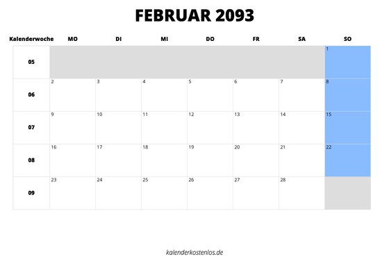 Kalender Februar 2093 im Querformat