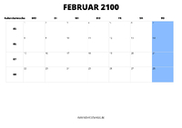 Kalender Februar 2100 Kalender Februar 2100 im Querformat