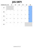 Kalender Juli 2071 im Hochformat