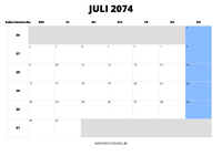 Kalender Juli 2074 im Querformat
