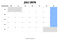 Kalender Juli 2076 im Querformat