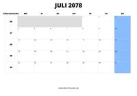 Kalender Juli 2078 im Querformat