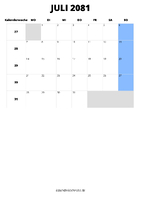 Kalender Juli 2081 im Hochformat