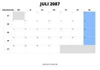 Kalender Juli 2087 im Querformat