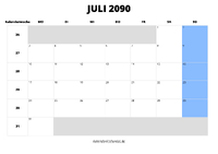 Kalender Juli 2090 im Querformat