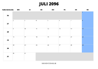 Kalender Juli 2096 im Querformat