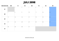 Kalender Juli 2098 im Querformat
