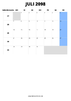 Kalender Juli 2098 im Hochformat