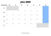 Kalender Juli 2099 im Querformat