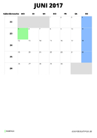 Kalender Juni 2017 im Hochformat