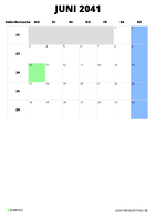 Kalender Juni 2041 im Hochformat