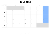 Kalender Juni 2051 im Querformat