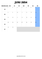 Kalender Juni 2054 im Hochformat
