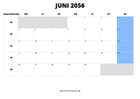 Kalender Juni 2056 im Querformat