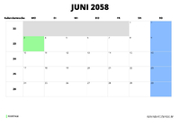 Kalender Juni 2058 im Querformat