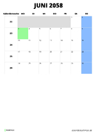 Kalender Juni 2058 im Hochformat