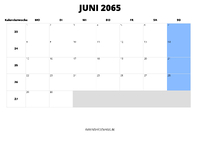 Kalender Juni 2065 im Querformat