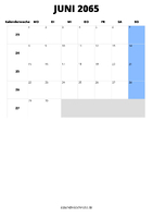Kalender Juni 2065 im Hochformat
