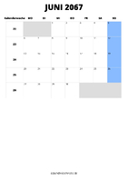 Kalender Juni 2067 im Hochformat
