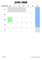 Kalender Juni 2068 im Hochformat