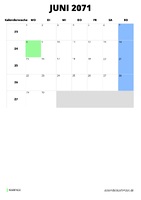 Kalender Juni 2071 im Hochformat