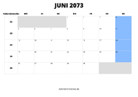 Kalender Juni 2073 im Querformat