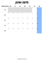 Kalender Juni 2075 im Hochformat