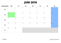 Kalender Juni 2076 im Querformat