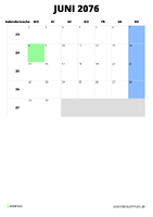 Kalender Juni 2076 im Hochformat
