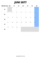Kalender Juni 2077 im Hochformat