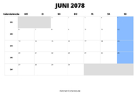 Kalender Juni 2078 im Querformat